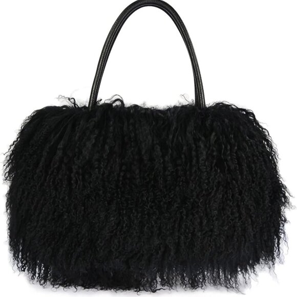 Women Luxury Real Lamb Mongolian Flush Wool Fur With Genuine Leather Handles Han - Picture 1 of 9